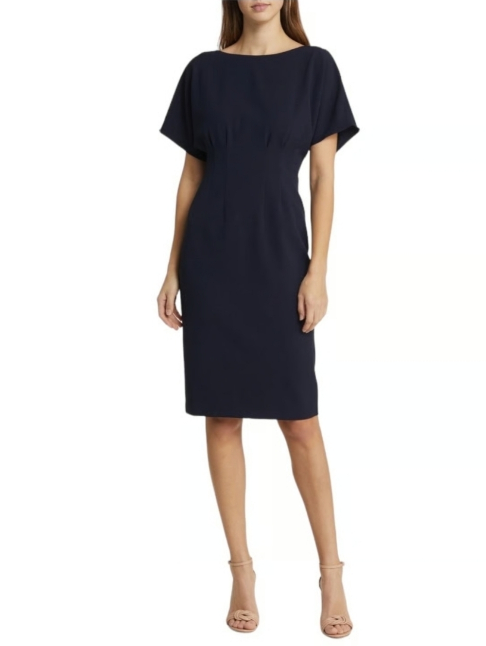Eliza J Flutter Sleeve Navy Bateau Neckline Midi Sheath Dress 16